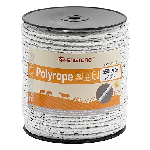 Electric Fence Poly Rope 656ft (200m), 1/4 inch (6mm) Upgraded Portable Polyrope, 6 x 0.18mm Strong SS Conductors, Electric Fence Rope for Horses, Safe Enough for Large Animals (White)