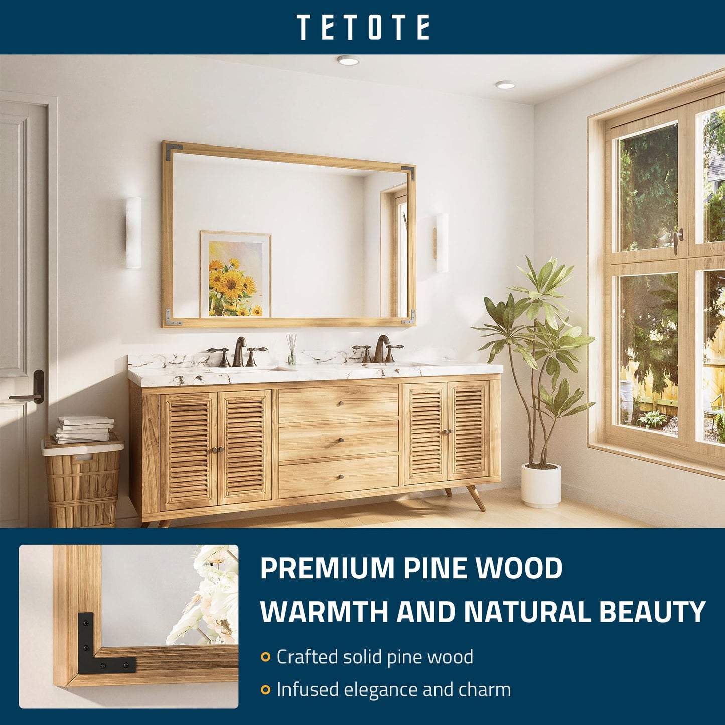 TETOTE 55 x 36 Natural Wooden Mirror for Bathroom Wall/Bedroom/Living Room/Entryway Farmhouse Rustic Bathroom Vanity Mirror Waterproof (Horizontal/Vertical Mounted)