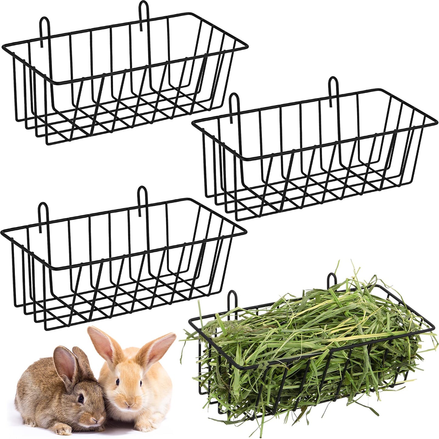 Therwen 4 Pcs Rabbit Hay Feeder Heavy Duty Metal Rabbit Hay Rack with Hooks Cage Hanging Hay Holder for Chinchilla Bunny Guinea Pig Ferret Accessories(9.1 x 3.9 x 3 Inches)
