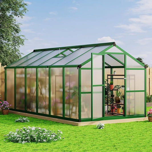 8x12 FT Greenhouse for Outdoors, Large Aluminum Greenhouses with Roof Vent and Quick Setup Structure, Greenhouse Heavy Duty with PC Panels, Walk-in Green Houses for Winter Garden,Backyard,Patio,Lawn