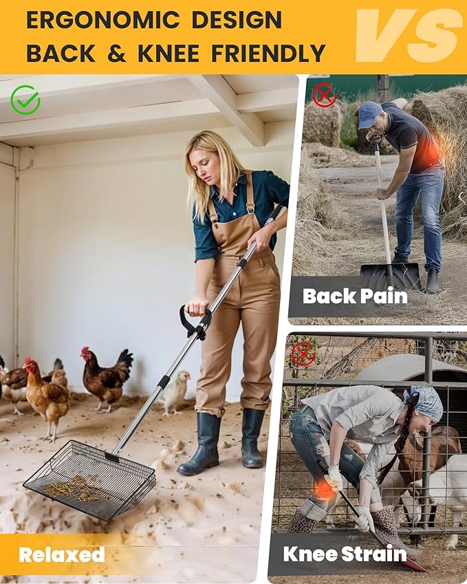 15" Extra Large Chicken Poop Scooper with Ergonomic Grip, Adjustable Length (24.6"–76.6"), Metal Sifting Shovel with Holes for Chicken Coop Cleaning, Multifunctional Chicken Manure Scoop