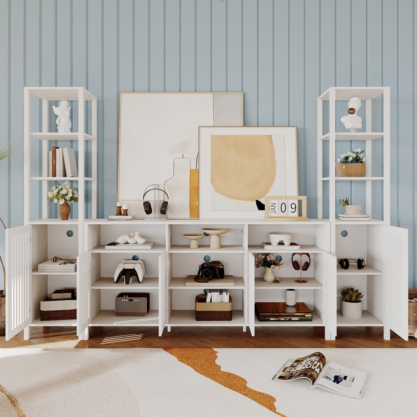 Farmhouse TV Stand for TVs Up to 70 in, Entertainment Center with Bookshelves, Media Center with Storage Cabinet & Adjustable Shelves for Living Room Bedroom Home Theater