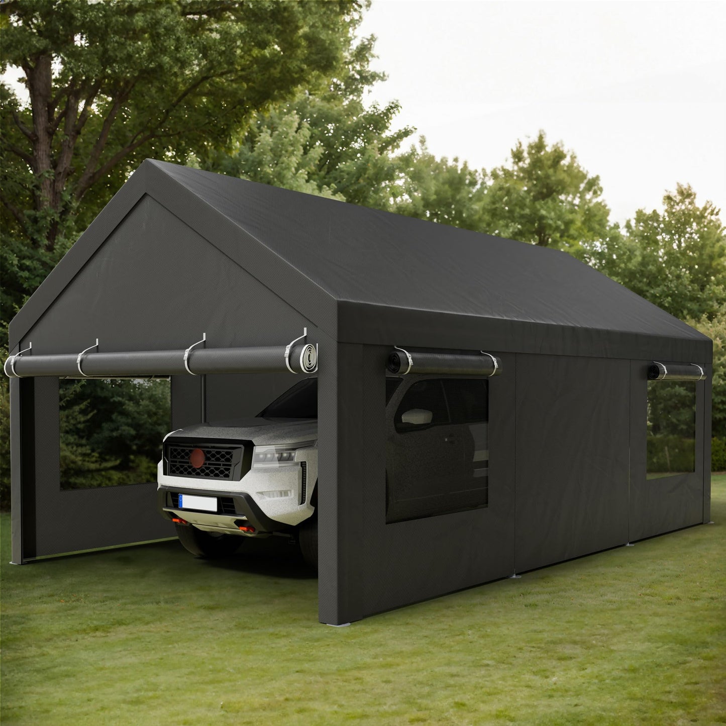 Shintenchi Carport 10' x 20' Heavy Duty Portable Garage, Carport Canopy with Side-Opening Door & Roll-Up Windows, Car Canopy for Truck,Car,Boat,Grey
