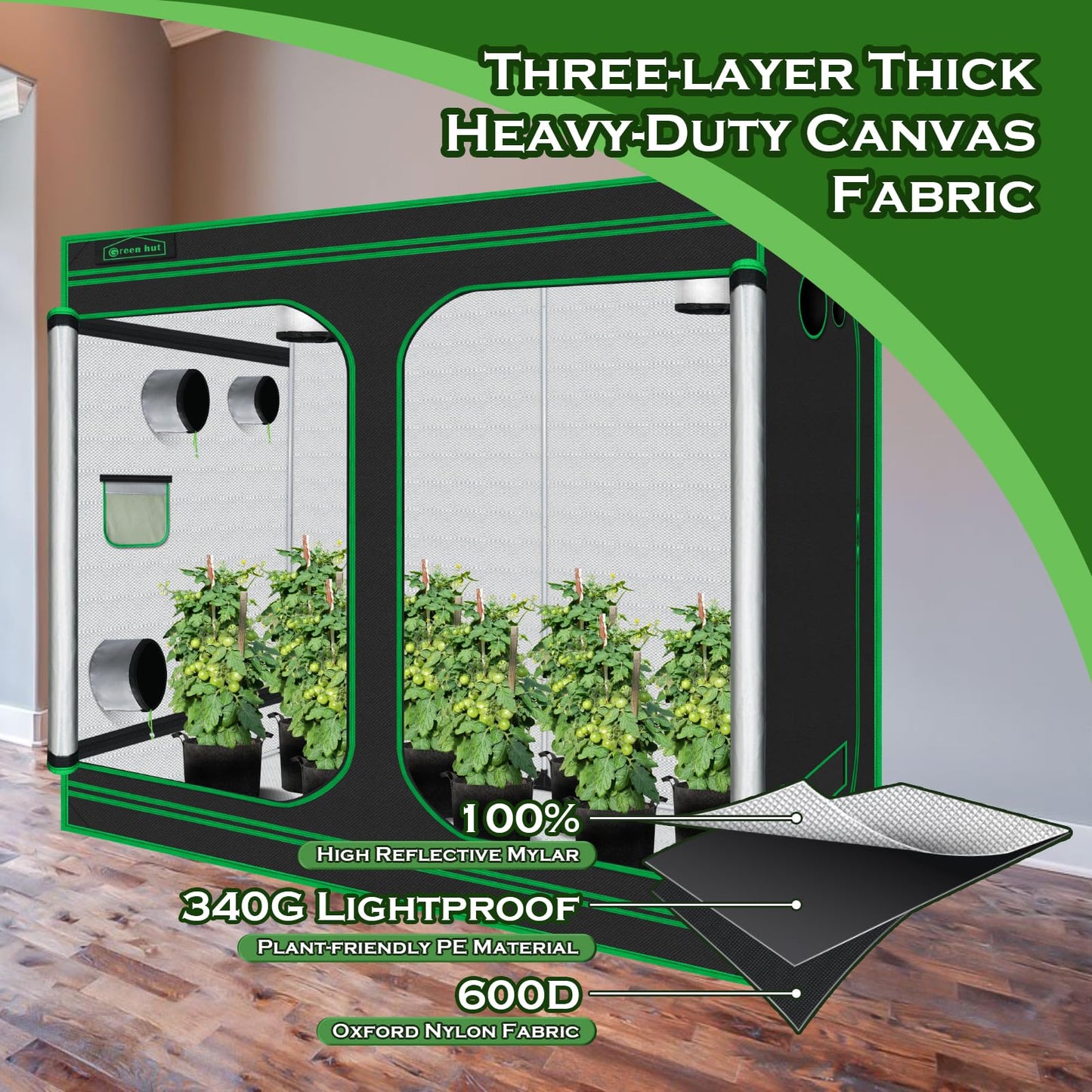 Green hut Grow Tent 96"x48"x78" 600D Mylar Hydroponic Indoor Grow Tent with Observation Window, Removable Floor Tray and Tool Bag for Indoor Plant Growing 8x4