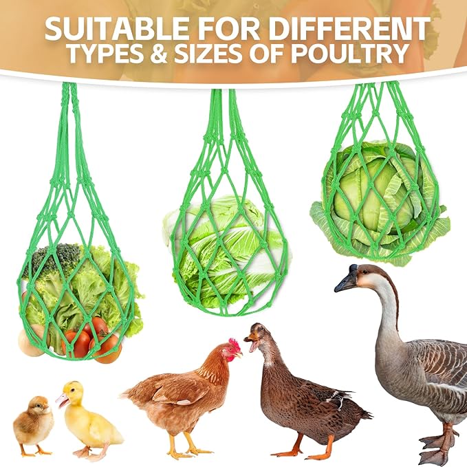 3PCS Chicken Vegetable Hanging Feeder, Chicken Vegetable and Fruit String Bag, Chicken Toys for Coop, Chicken Cabbage Feeder, Hanging Chicken Feeder with Hook for Hens Goose Duck (3PCS Green)