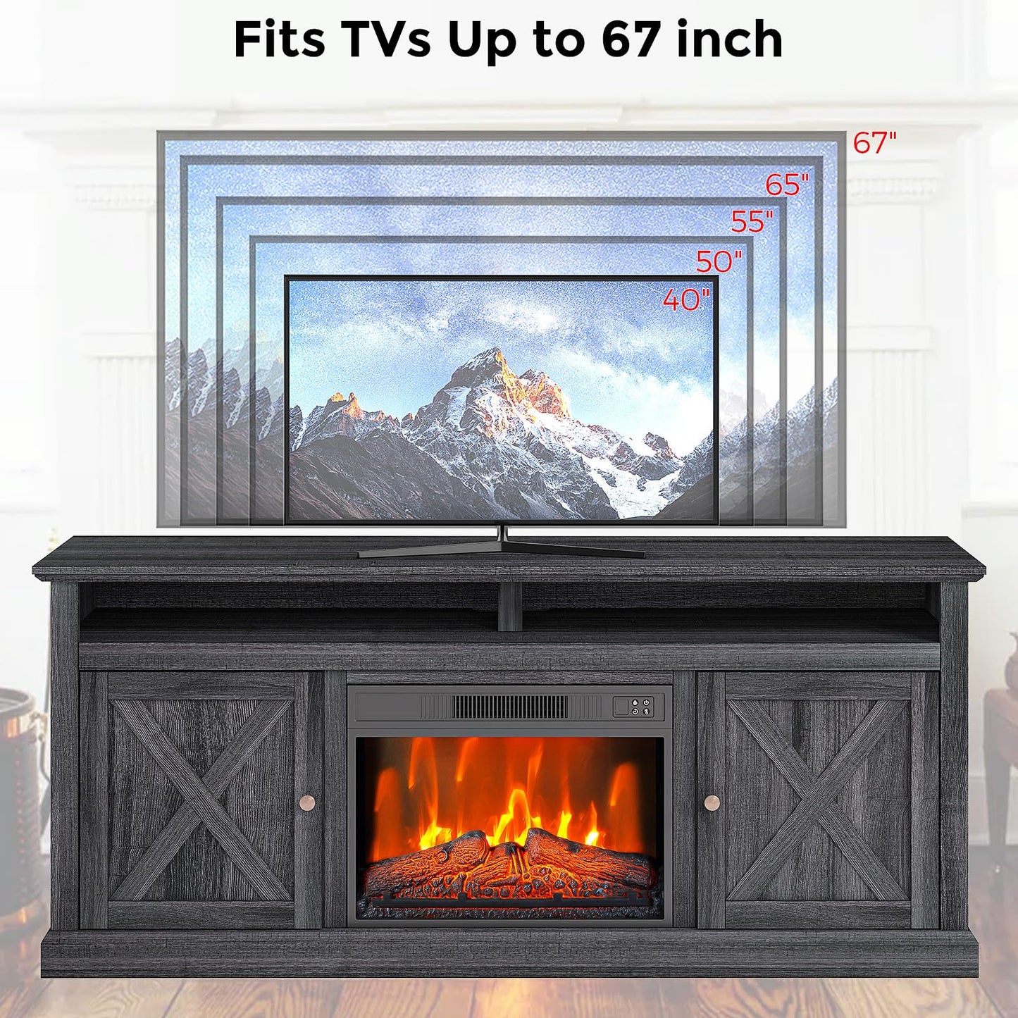 Electric Fireplace Tv Stand for Tvs Up to 67 Inch, Farmhouse 23" Remote Control Fireplace Entertainment Center with Sliding Barn Door, Storage Cabinets/Adjustable Shelves for Living Room