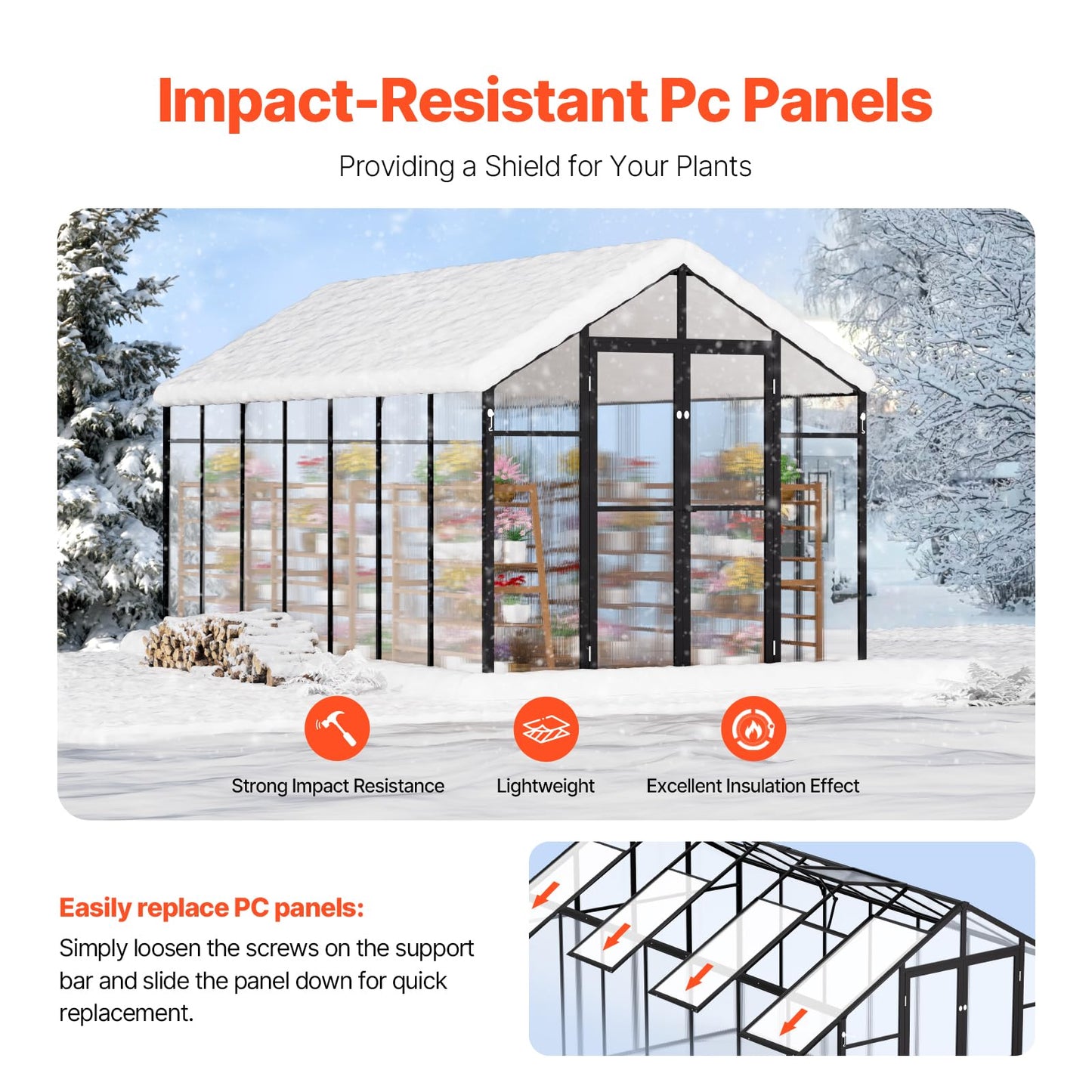 VEVOR Polycarbonate Greenhouse, 8 x 14 Ft, Outdoor Greenhouse with 2 Vent Windows, Pavilion Styled Greenhouse with Hinged Door, Aluminum Large Walk-in Greenhouse Kit for Outside Garden Backyard