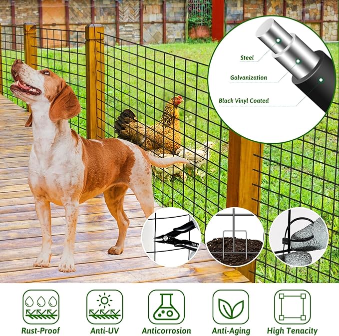 24 in x 59 Ft Welded Wire Fence Black PVC Coated Wire Mesh 2 x 3 in 14GA Garden Fence for Dog Border Fencing Roll Outdoor Animal Barrier Fence with U-Shape Hooks for Yard Plant Vegetable Protection