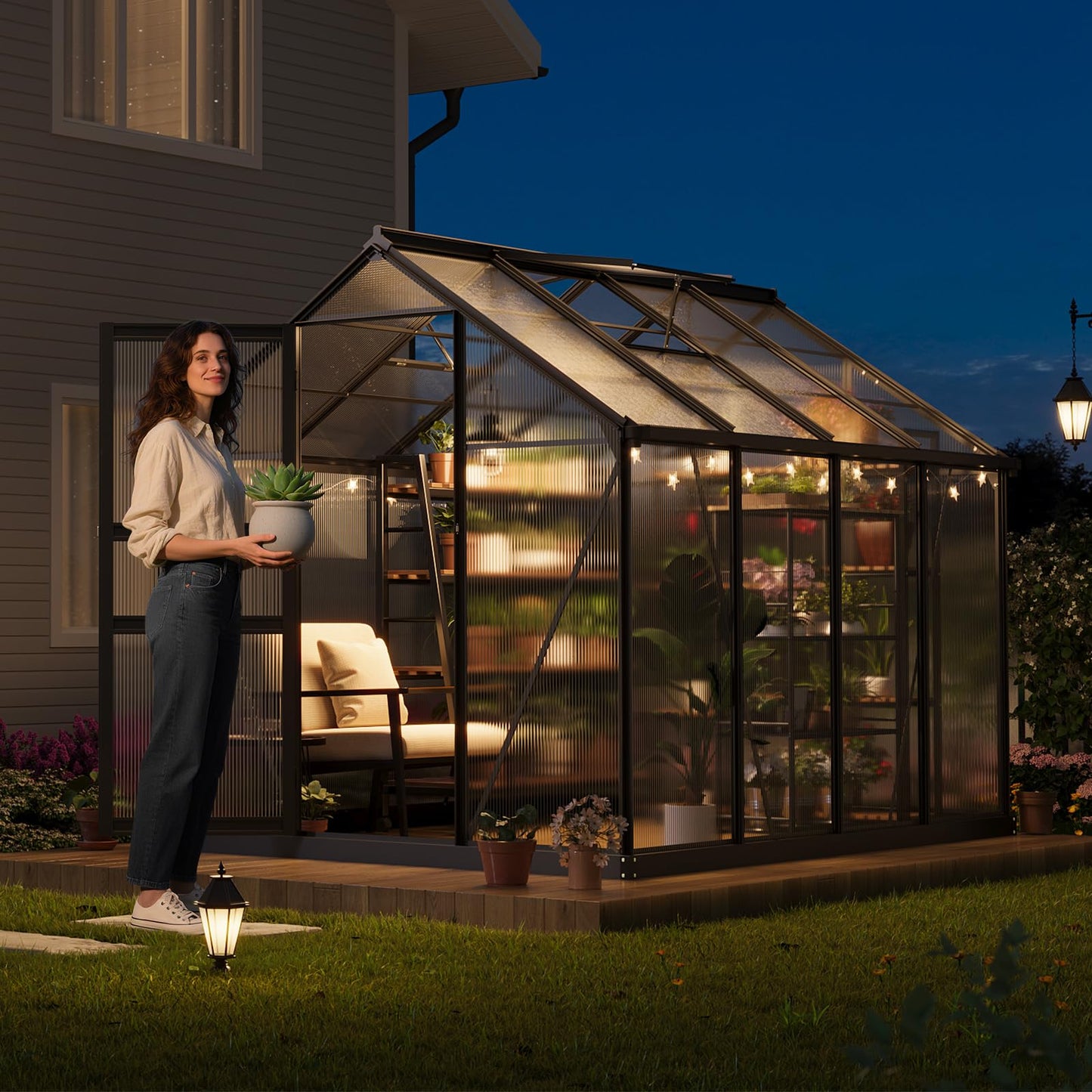 8×6FT Greenhouses for Outside,Greenhouse with Aluminum Frame-Outdoor Greenhouses for Backyard Garden Patio, Outside Garden Green House with Lockable Door&Adjustable Roof Vent, Smart Water Management
