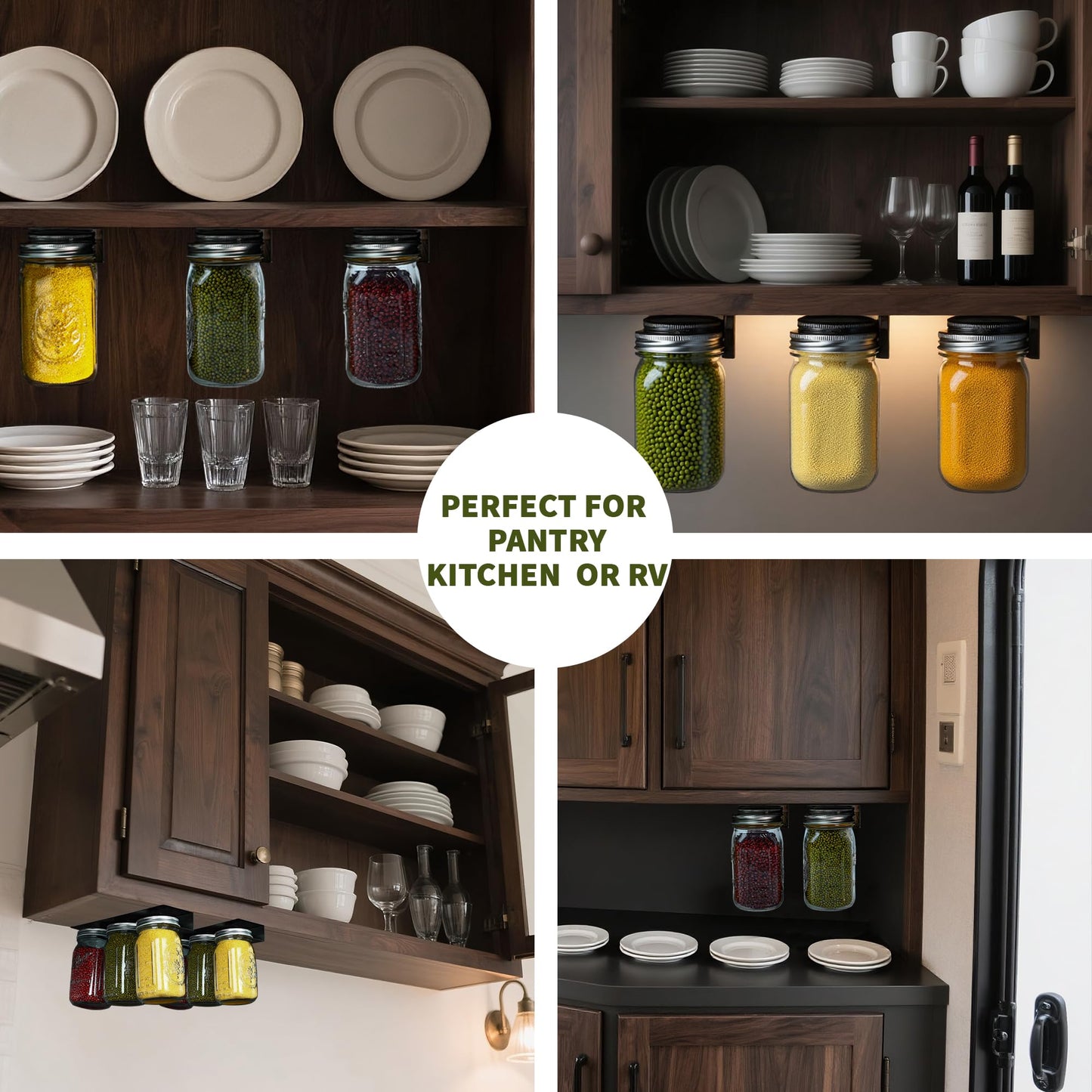 Mason Jar Storage Rack for Under Shelf, 2 Pack Holds 6 Wide Mouth Mason Jars, No Drill or Screw Mount, Kitchen Cabinet & Pantry Space Saver, Easy Access Sliding Design(Wide Mouth)