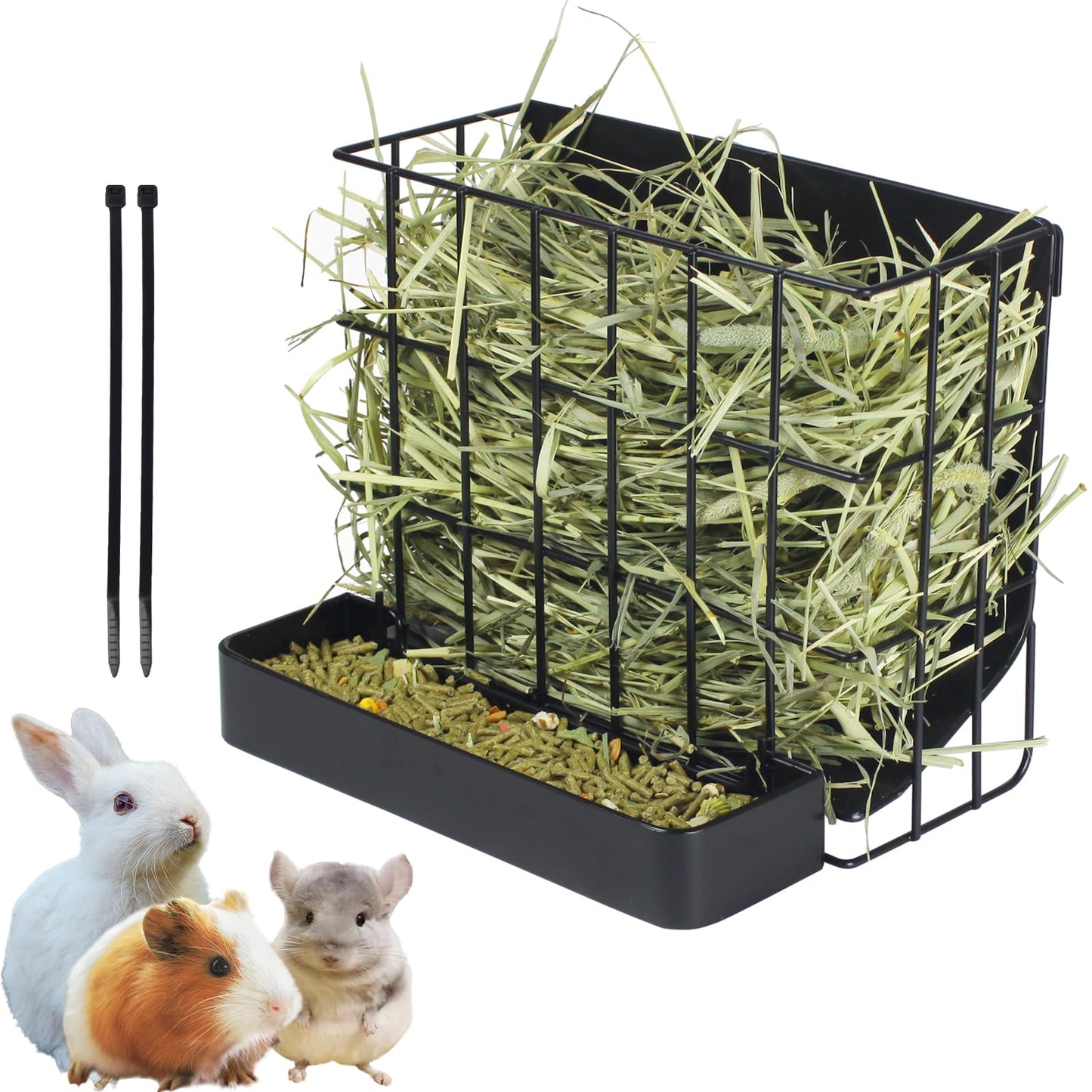 Rabbit Hay Feeder Guinea Pig Hay Holder with Hook Heavy-Duty Metal,Internal Sloping Design，Hay Feeder for Bunny,Rabbit，Chinchillas,Comes with Two Multifunctional Zippers