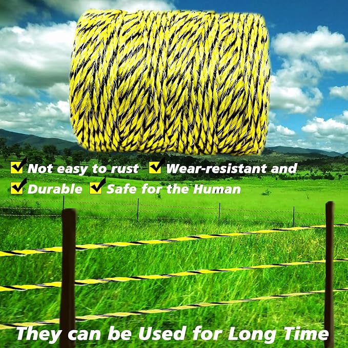 Electric Fence Poly Wire 660 Feet 200 Meters 1/8" Dia Portable Electric Fencing Polywires and 100 Pcs Black Electric Fence Insulator (Grid System Accessories for Animal Husbandry Electronic)