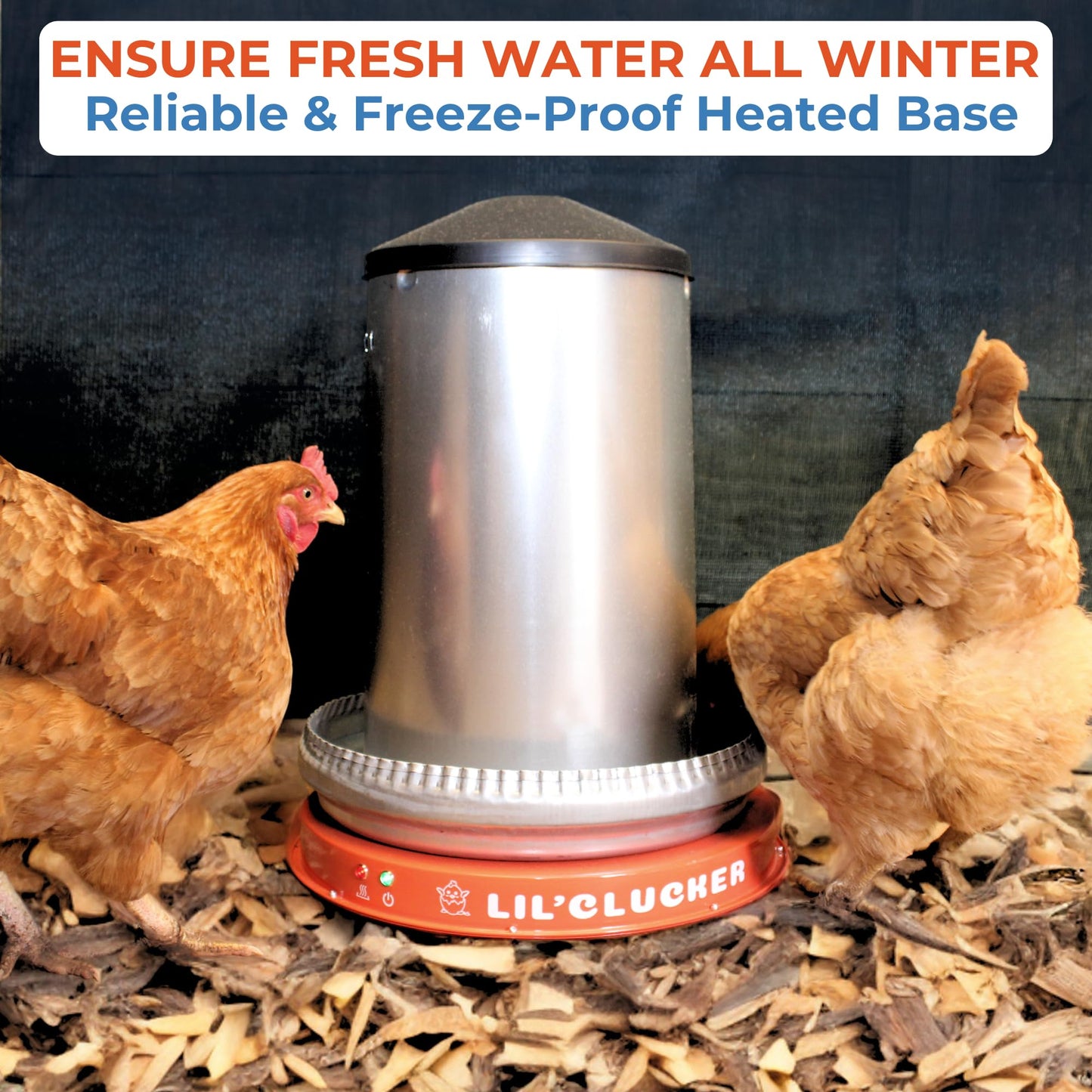 Lil'Clucker Heated Base for Chicken Waterer – Automatic Metal Freeze Proof Heated Chicken Waterer with Heater & LED – Poultry Heated Waterer for Winter (Orange, 11 Inch)