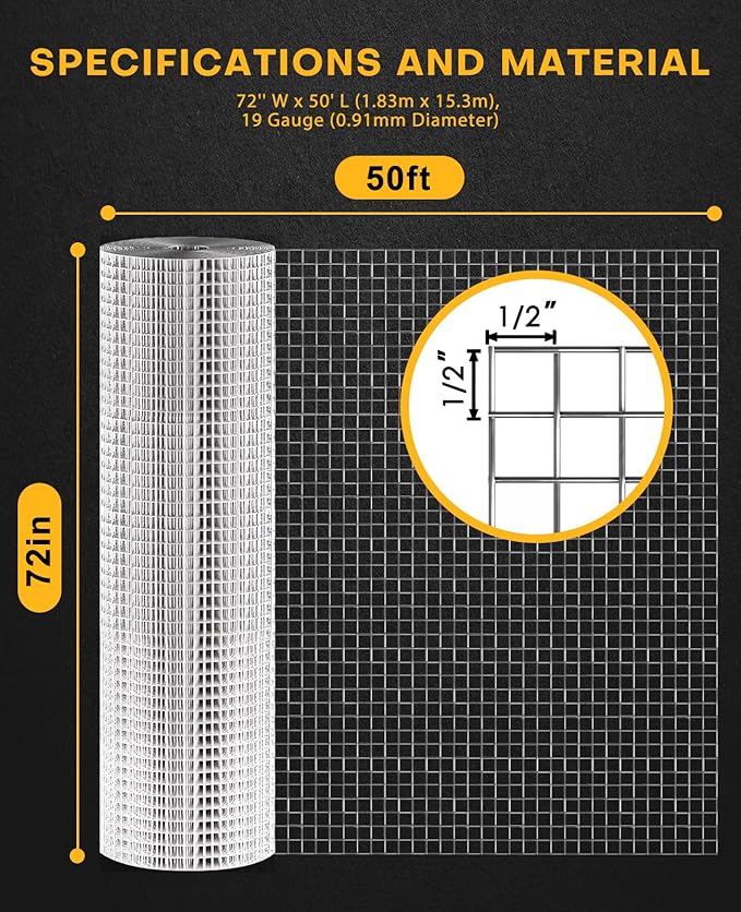 72x50 Hardware Cloth 1/2 Inch 19Ga,Chicken Coop, Hardware Mesh, Welded Fence Rolls, Galvanized Wire Mesh, Chicken Wire, Rabbit Fencing Roll