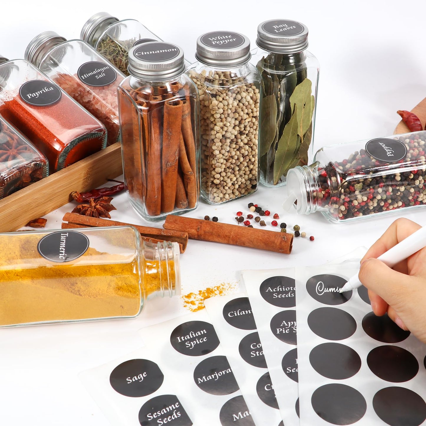 AuroTrends Spice Jars with Label 8oz 16Pcs, 8oz Glass Spice Jars with Shaker Lids 16Pack -Square Spice Containers with Waterproof Labels| Chalk Marker| Shaker Lids| Brush| Collapsible Funnel