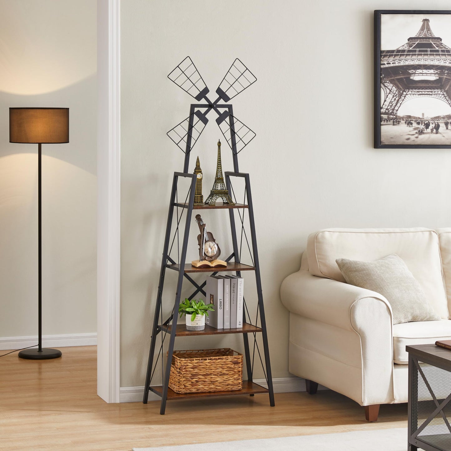 Hotity 4-Tier Rustic Windmill Ladder Bookshelf - Freestanding Industrial Storage Shelving Unit for Living Room, Bedroom, and Office