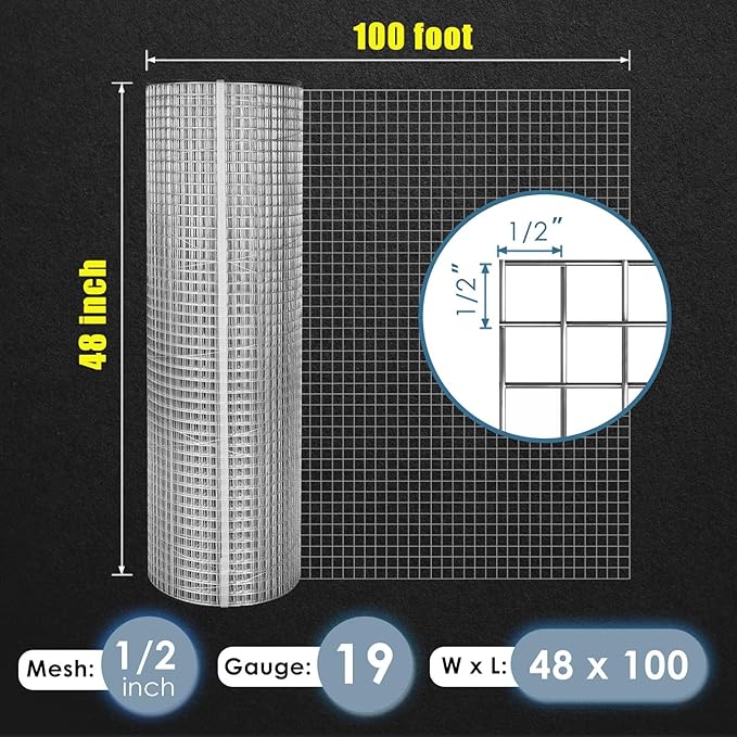 GoldPeak Hardware Cloth 1/2 inch 48 inches x 100 feet 19-Gauge, Hot-dip Galvanized After Welding, Wire Mesh Roll Chicken Wire Fencing Wire Cloth Gopher Wire Chicken Coop Wire Tree Fence