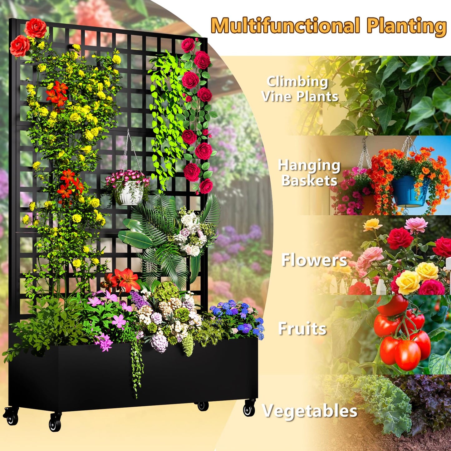MTART Metal Planter Box with Trellis, 72"x47"x16" Outdoor Galvanized Raised Garden Bed with Privacy Screen & Drainage Holes & Lockable Casters for Climbing Plants, Vegetable, Vines (Black-Grid)