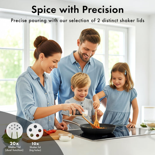 EDELHAUS Glass Spice Jars with Label and Stainless Steel Lids (24 x 4oz) Spice Containers with 240 Labels, Shaker Inserts, Steel Funnel, Empty Square Empty Square Seasoning Organizer (Black)