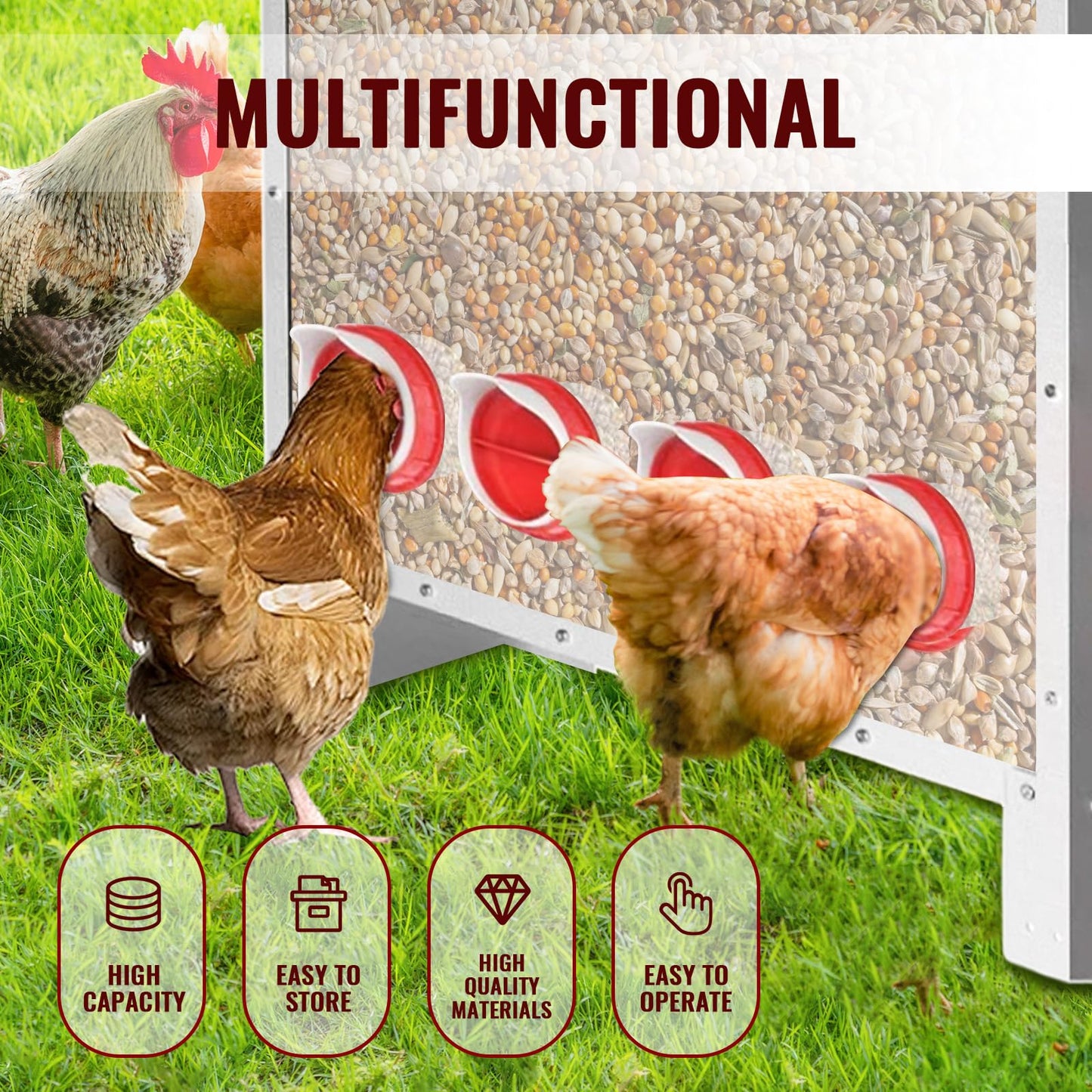 10 Ports Automatic Chicken Feeder 85 Pounds Large Gravity Fed Chicken Feeder with Latch & Handle for Chickens Bantams Pheasants Poultry Coop Weatherproof