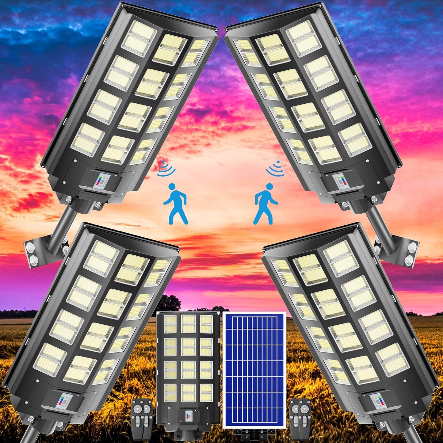 Vzyhik 4-Pack 8000W,240000LM Solar Street Light,Wide Angle Lamp, Waterproof IP67,with Remote Control & Motion Sensor,The Ultimate Lighting Solution for Parking Lots and Beyond