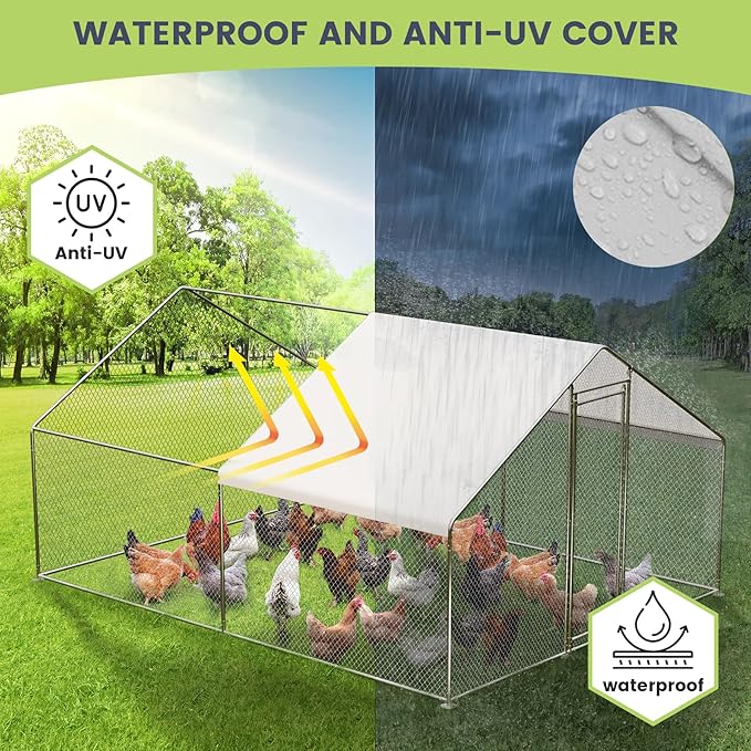 Large Metal Chicken Coop, Large Chicken Pen, Chicken Runs for Yard with Waterproof and Anti-UV Cover, Duck Rabbit House Outdoor (9.8'L x 13.1'W x 6.5'H)