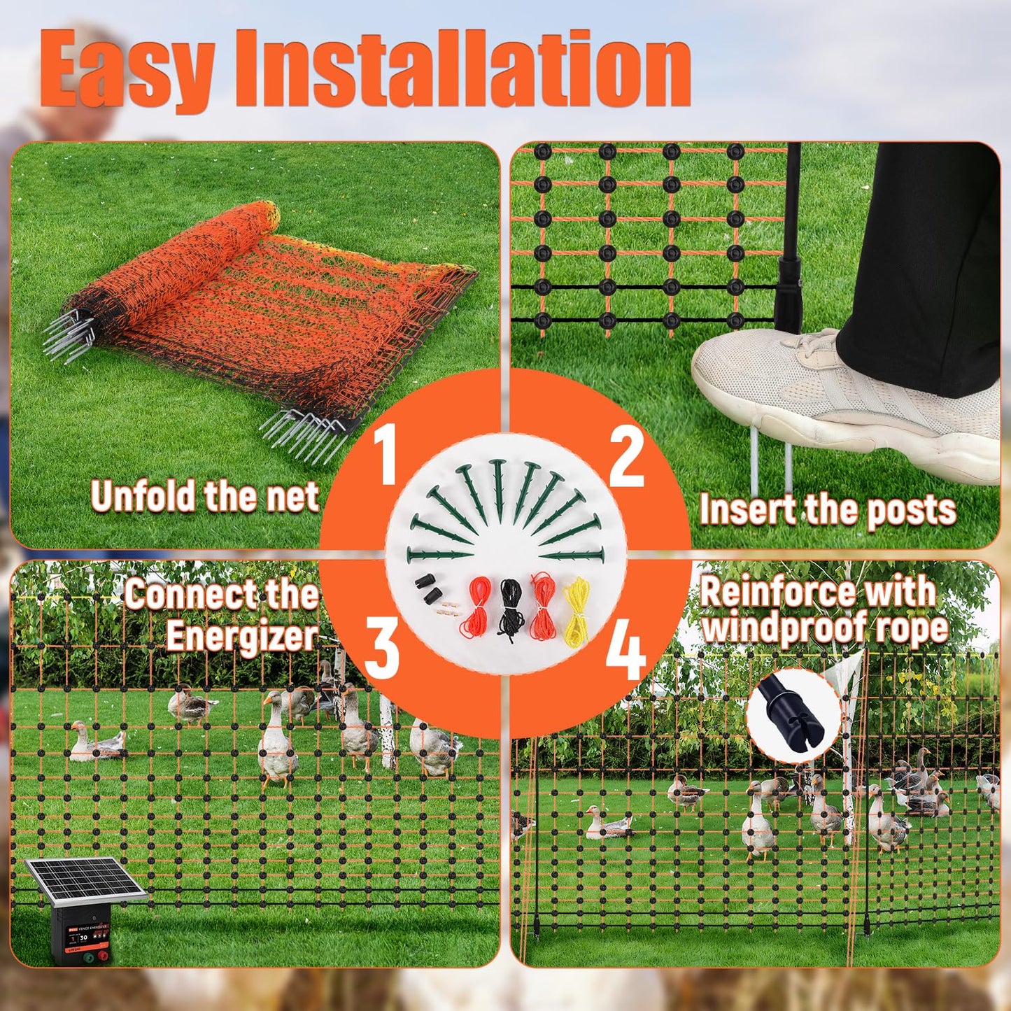 Electric Fence Netting, 48" x 164' Electric Chicken Fence with 16 Posts 2 Spikes, Portable Electric Poultry Netting for Chicken, Duck and Goat, Anti-Predator Electric Fencing in Farms, Ranches