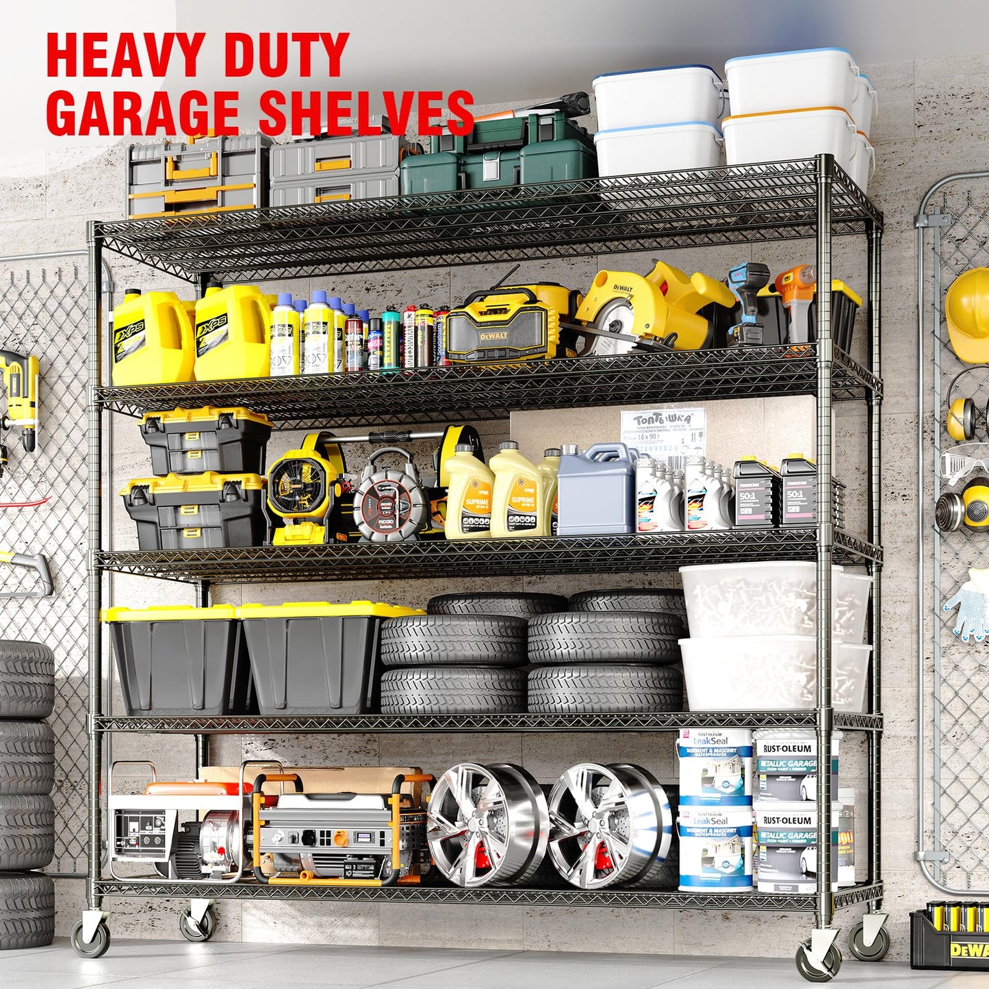PeacefulHues 82" H Storage Shelves 3300LBS Heavy Duty Shelving Unit with Wheels & Feet, 5-Tiers Garage Shelving for Pantry Garage Kitchen Home Commercia, 82.6" H x 59" W x 23.9" D