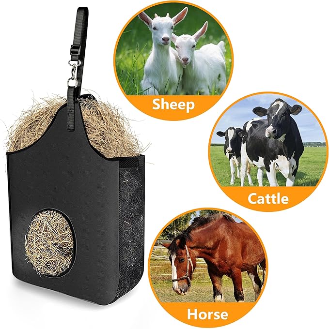 2 Pcs Hay Bag Hanging Goat Feeder Tote Premium Oxford Cloth with Metal Ring and Adjustable Strap for Horses Donkeys Cows Alpacas Ostriches or Other Animals Black