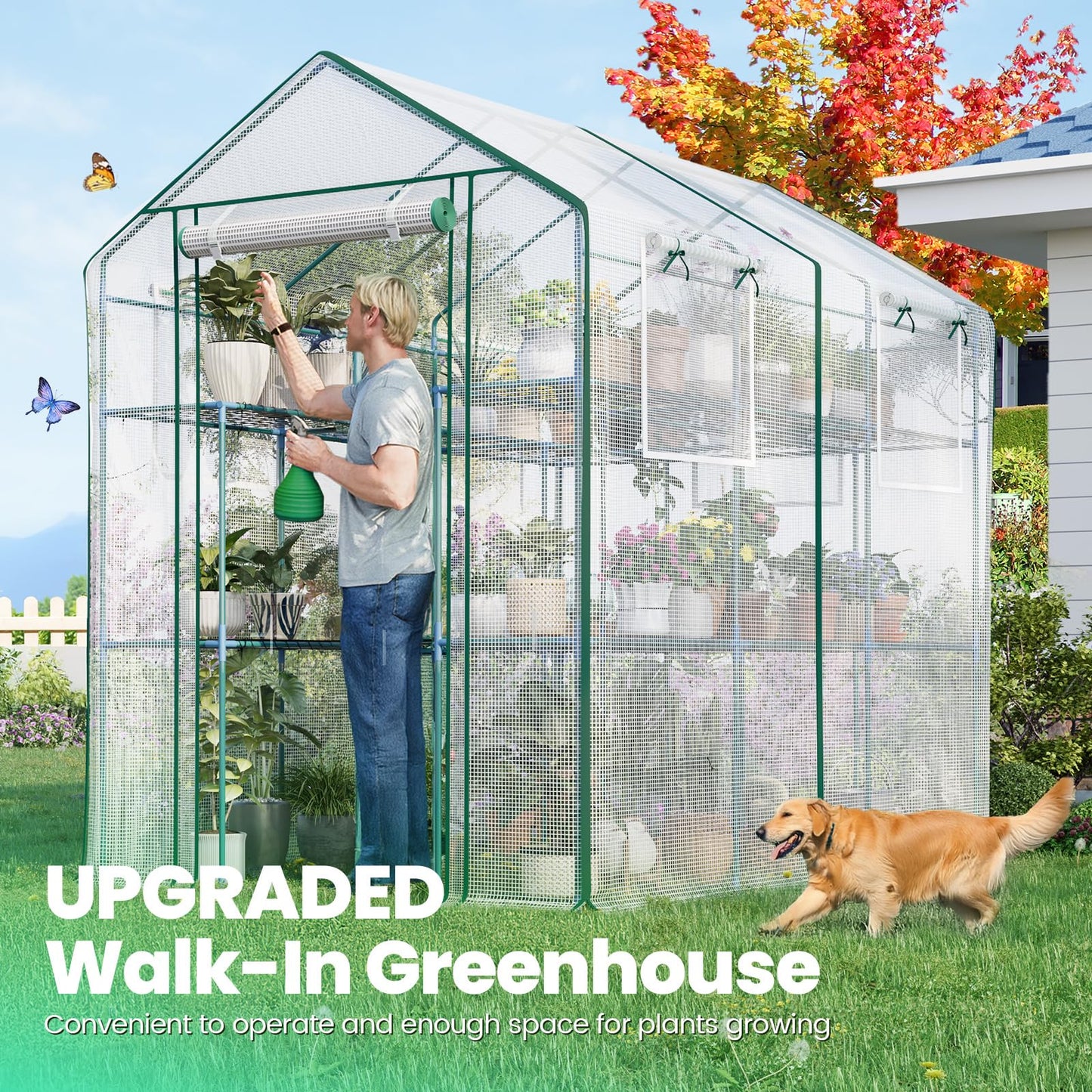 KING BIRD Premium Greenhouse for Outdoors, 84 x 56 x 77 Upgraded PE Cover & Steel Frame Walk in Hot House, w/ Zippered Screen Windows Mesh Door, 3 Tiers 20 Shelves for Outside Garden, White