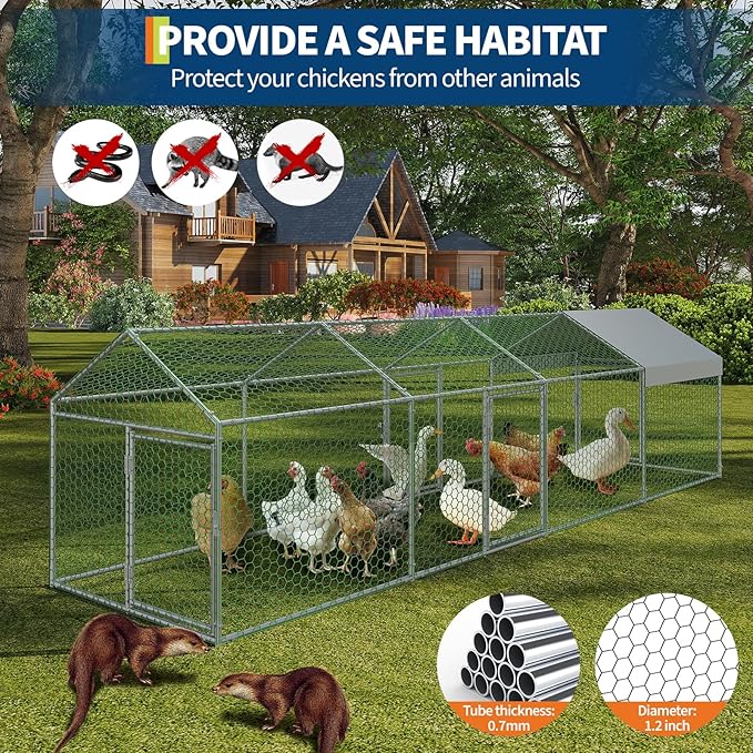 Large Metal Chicken Coop 13.3' x 3.3" x 3.3" Chicken Runs with Waterproof and Anti-UV Cover,3 Doors,Outdoor Hen House for Yard, Walk in Poultry Cage for Rabbit Duck Goose