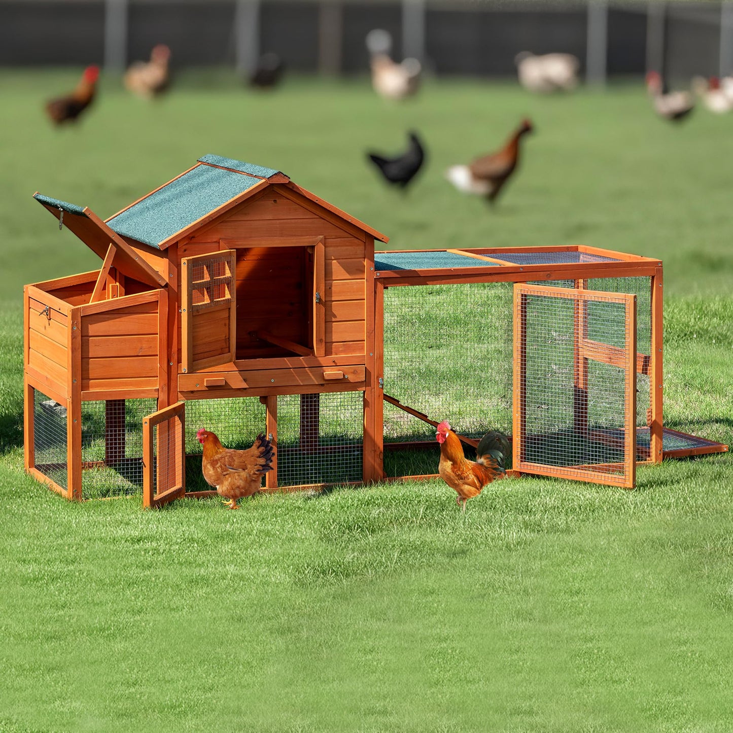GARWOOD Large Wooden Chicken Coop Outdoor Big Hen House Poultry Pet Duck Hutch with Run Cage Nesting Box Waterproof Asphalt Roof Ramp Removable Tray Wire Fence for Backyard Small Animals 79" Brown