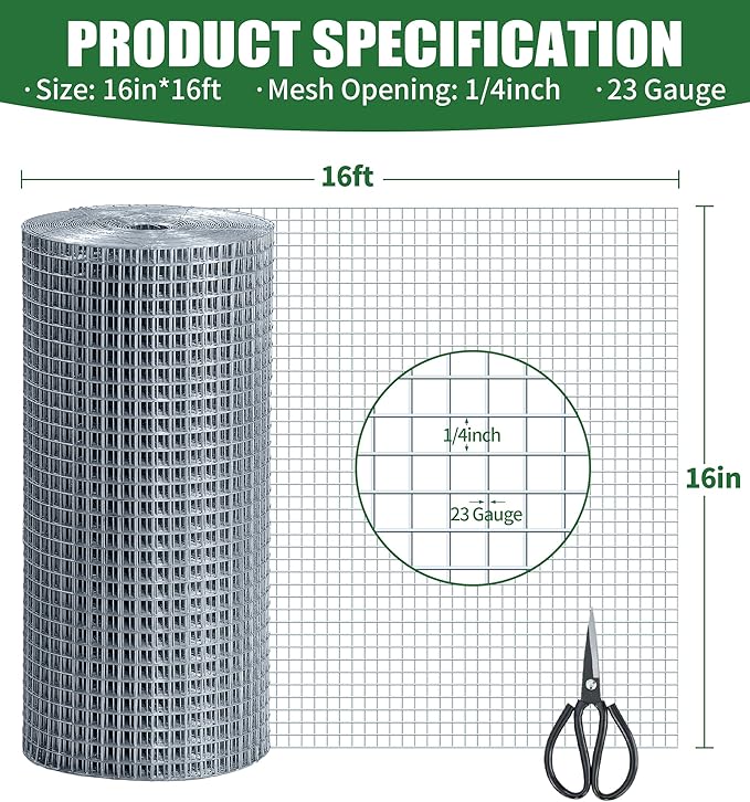 Hardware Cloth 1/4 Hot Dip Galvanized Wire Mesh Roll 23 GA Building&House Repaird Wire Fence Mesh - for DIY, Coops, Rabbit,Snake Fences, DIY Crafting,Plants Protective & Screen Mesh Silver