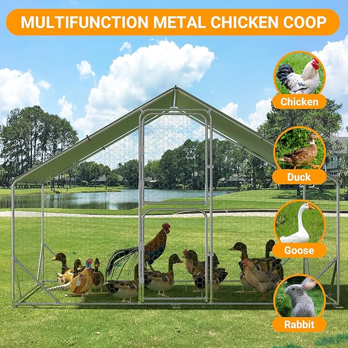 Chicken Runs for Yard with Cover, Large Metal Chicken Coop, 9.8x6.5x6.5FT Chicken Pen with Waterproof and Anti-UV Cover, Walk-in Poultry Cage for Yard Outdoor Duck Rabbit Cage