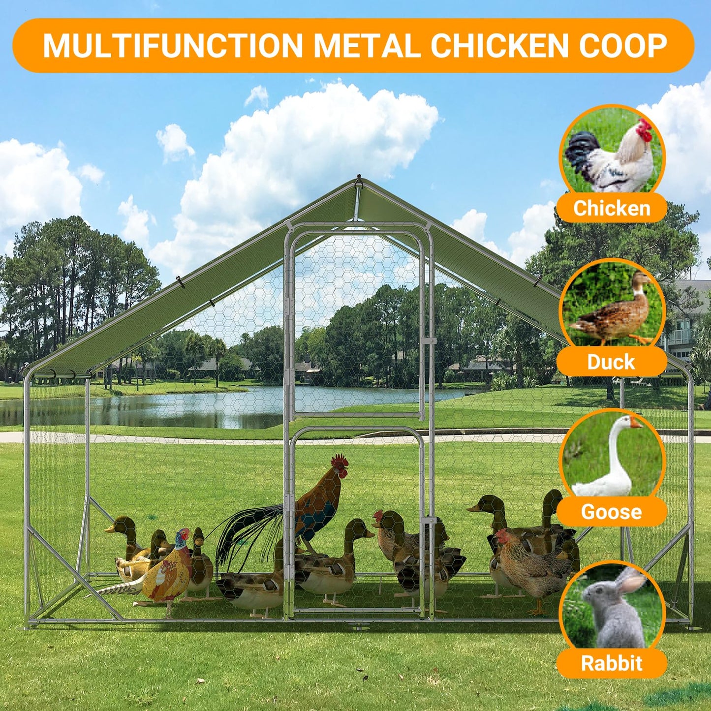 Chicken Runs for Yard with Cover, Large Metal Chicken Coop, 9.8x6.5x6.5FT Chicken Pen with Waterproof and Anti-UV Cover, Walk-in Poultry Cage for Yard Outdoor Duck Rabbit Cage