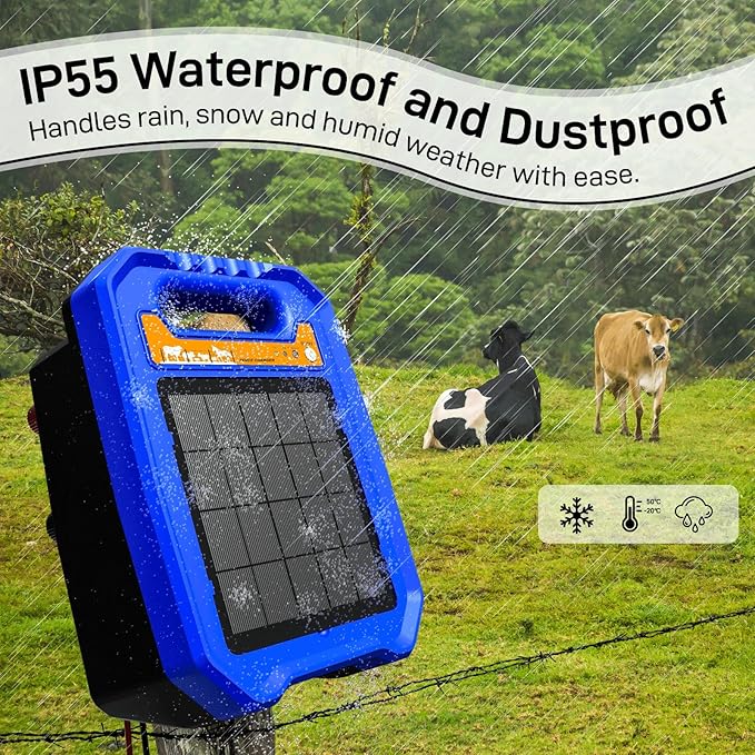 Low Impedance Electric Fence Charger - Solar Powered Electric Fence Controller Output 0.5J up to 5 Miles Electric Fence for Livestock Farm with Day/Night Mode