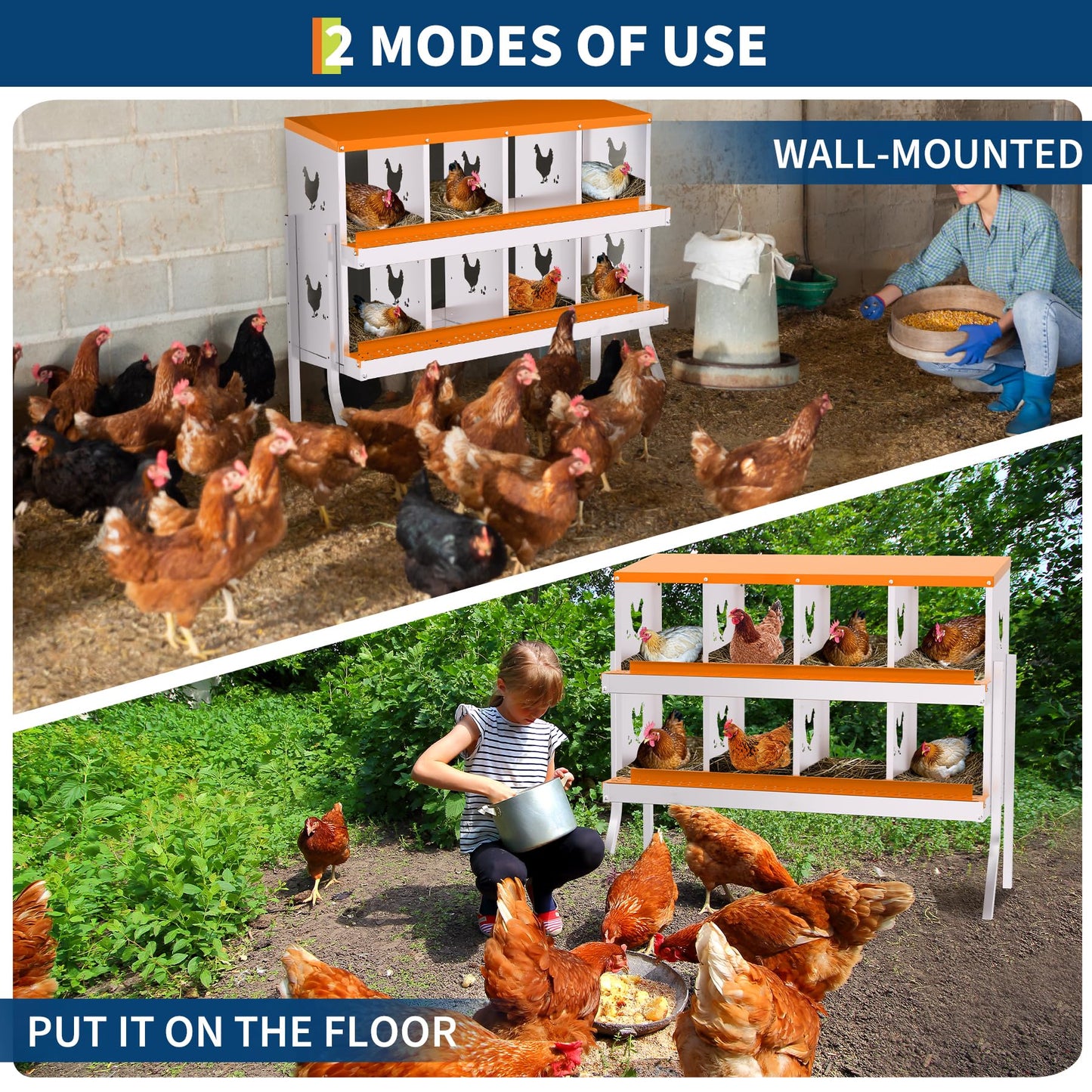 Chicken Nesting Box with Removable Tray,8 Compartment Nesting Boxes for Chickens,Easy to Clean and Install,Durable Chicken Laying Boxes for Chicken Coop,Protects Eggs-with Bracket Legs (Orange)
