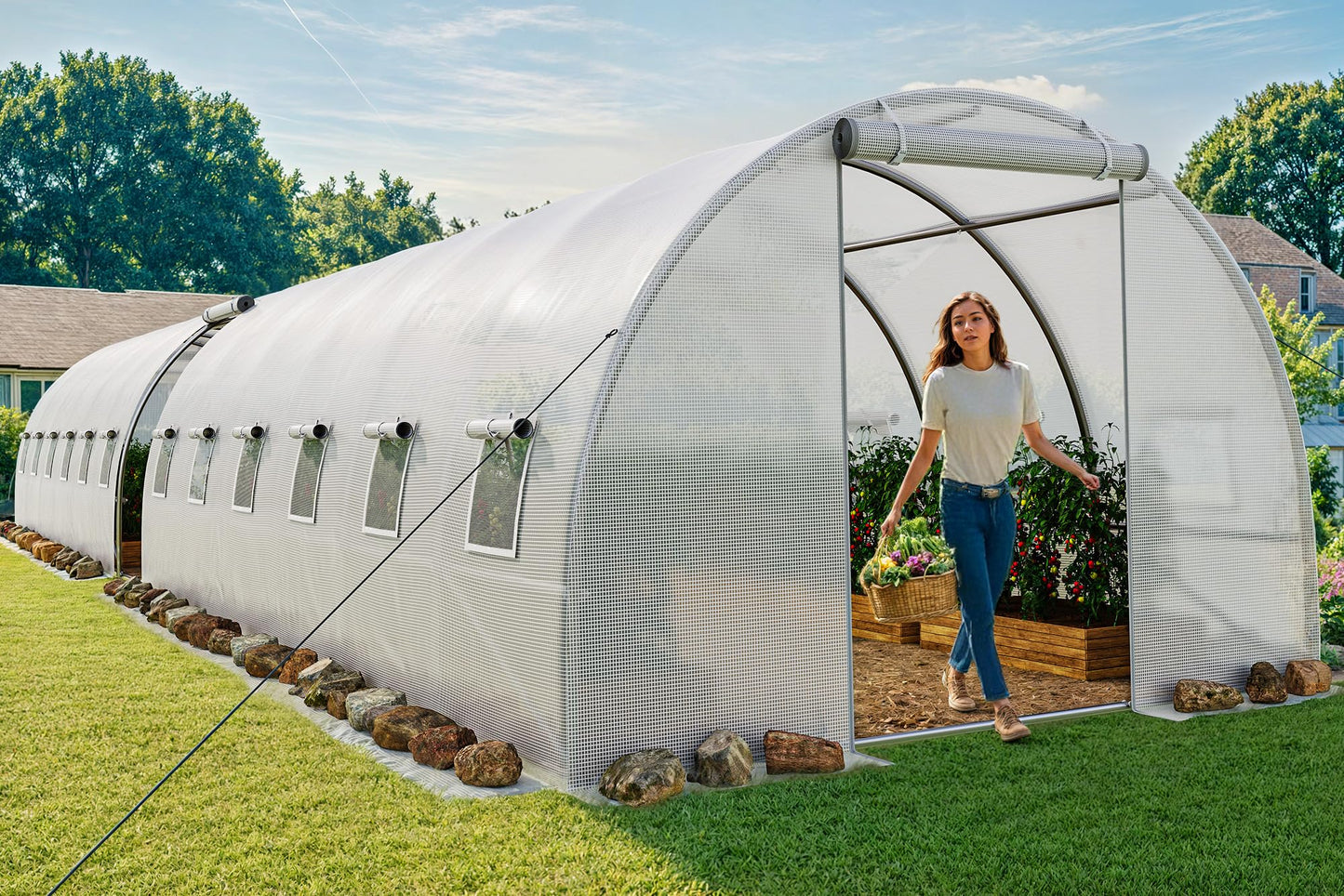 YITAHOME 44x10x7ft Greenhouse Extra Large Heavy Duty 4 Zipper Doors Outdoor Greenhouses 24 Windows Walk in Tunnel Green House Plant Gardening Upgraded Galvanized Steel Frame for Garden, White