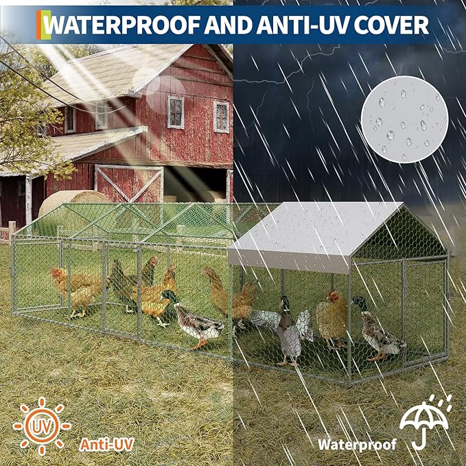 Large Metal Chicken Coop 13.3' x 3.3" x 3.3" Chicken Runs with Waterproof and Anti-UV Cover,3 Doors,Outdoor Hen House for Yard, Walk in Poultry Cage for Rabbit Duck Goose