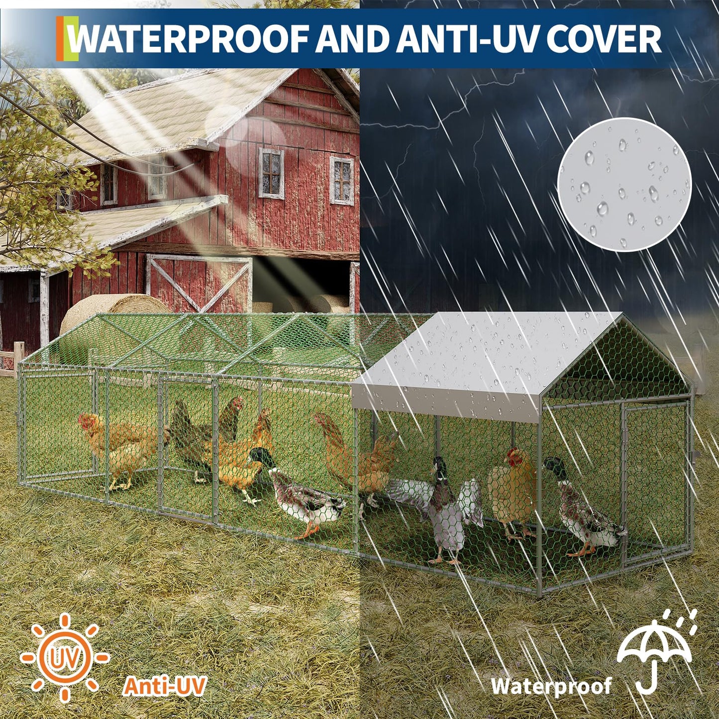 Metal Chicken Coop with Waterproof and Anti-UV Cover, 160" x40" x40" Large Chicken Run with 4 Doors, Outdoor Chicken Coop for Yard, Walk in Poultry Cage for Rabbit Duck Goose, Silver