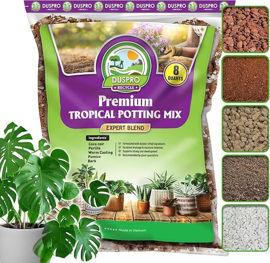 DUSPRO Recycle Tropical Potting Mix Pre-Mixed 5in1 with Pine Bark, Coco Coir, Perlite, Worm Casting & Pumice Ideal Aroid Mix Soil for Monstera, Pothos, Philodendron, Other Indoor HousePlants 8QRT