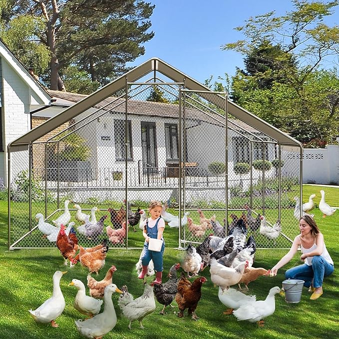 Large Metal Chicken Coop, 19.7 Ft Large Chicken Runs for Yard with Cover, Spire Roof Metal Chicken Coop with Lock for Outdoor, Backyard, Farm, Duck, Rabbit