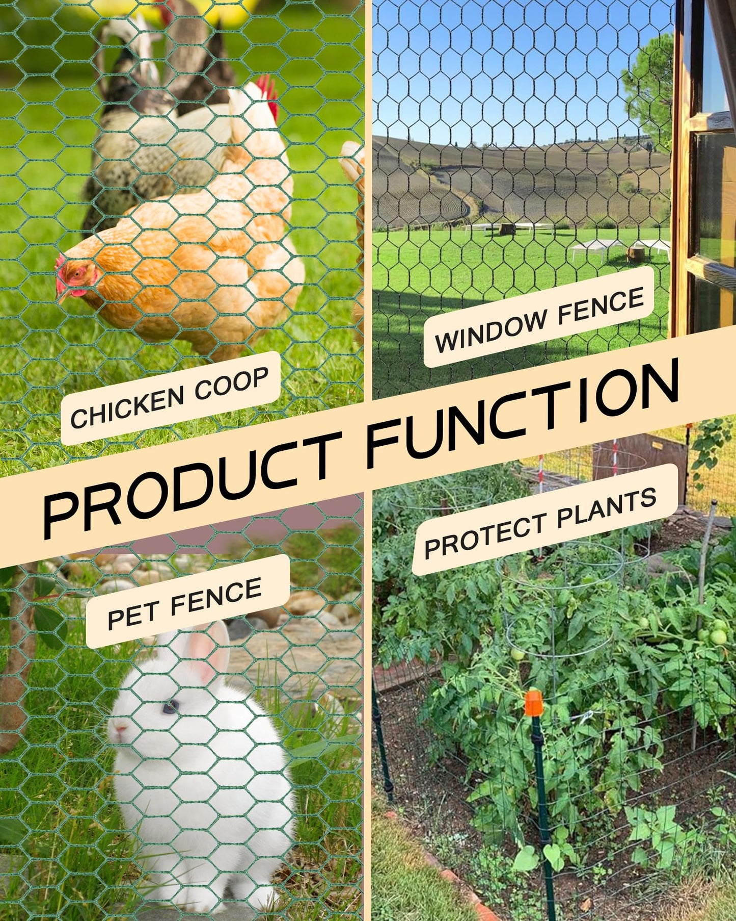 Chicken Wire 15.7in x 118in with a Pair of Gloves，1 Wire Cutter，50 Pcs Cable Zip Ties, Floral Chicken Wire Mesh 0.8in Hexagonal Galvanized PVC Coated Garden Netting Fence for Craft Poultry Garden