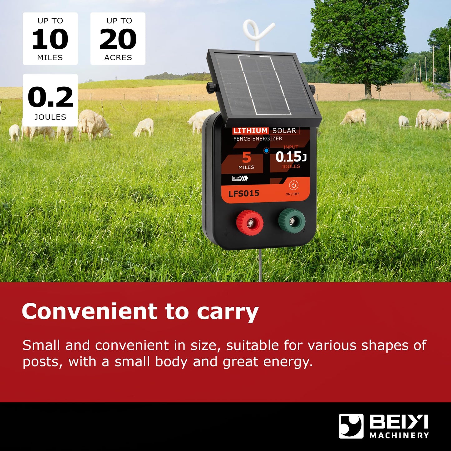 Lydite Solar Electric Fence Charger - 5 Miles Range 20 Acres 0.15 Stored Joules Energizer in Lithium Battery 1.8W Solar Panel Solar Powered Fence Charger for Livestock