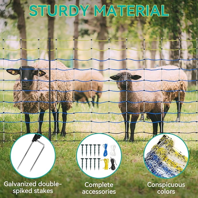 Highly Visible Blue Electric Fence Netting, 42.5" H x 164' L, Portable Livestock Nets Mesh for Goats, Sheep, Hogs, Dog, Electric Fencing for Backyards, Homesteaders, Farms Ranches, and Gardens