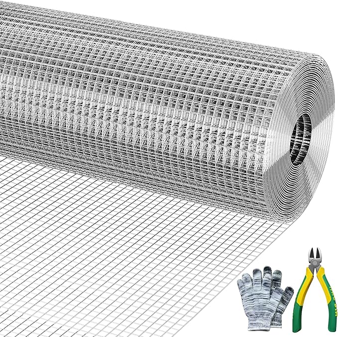 Galvanizing Hardware Cloth, Chicken Wire Mesh 1/2 inch 48in x 100ft, Chicken Wire Fence Rolls for Garden Plants, for Chicken Coops and Pet Fences Heavy Duty Cutting Pliers and Gloves
