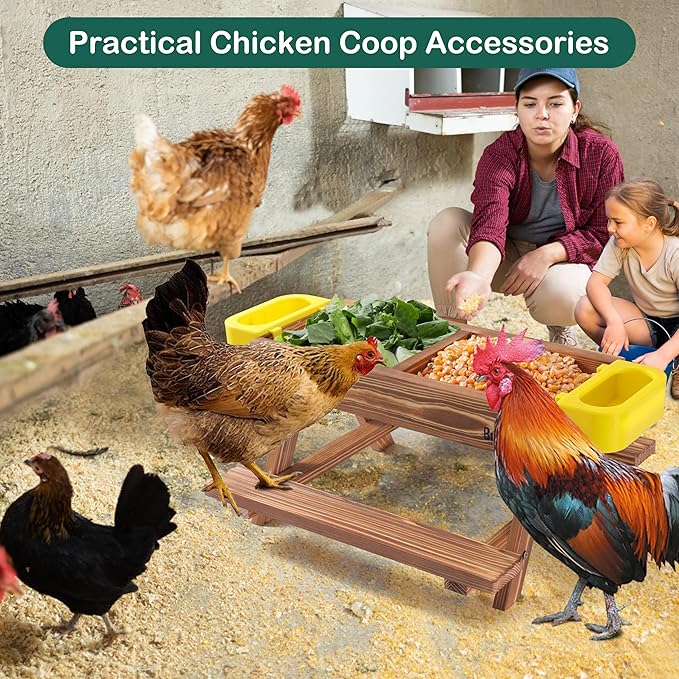 Chicken Feeders and Waterers, Chicken Feeder No Waste Kit with Picnic Table and 2 Water Feeder, Handmade Wooden Chicken Supplies & Accessories for Chicken Coop
