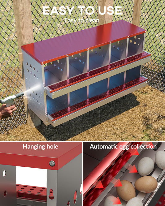 GarveeLife Wall-mountable Roll Away Metal Chicken Nesting Box for Laying Eggs, Rustproof Chicken Laying Boxes for Hens, Ventilated with Perch, Waterproof, 10 Compartments, Red