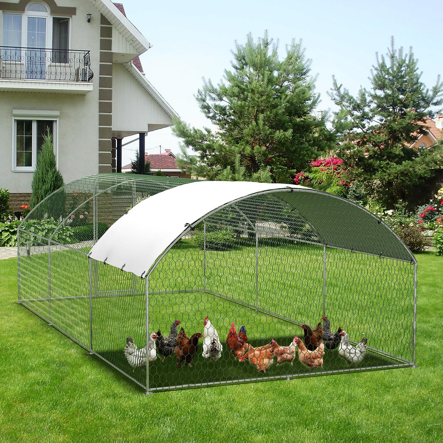Large Metal Chicken Coop, Metal Chicken Run with Waterproof and Anti-Ultraviolet Cover for Outside, 9.8 x 19.7 x 6.5 Ft Walk-in Poultry Cage, Outdoor Chicken Pen for Backyard and Farm