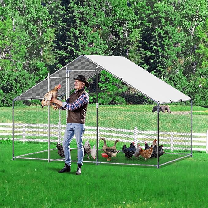 VEVOR Large Metal Chicken Coop with Run, Walkin Chicken Coop for Yard with Waterproof Cover, 6.5 x 9.8 x 6.5 ft, Spire Roof Large Poultry Cage for Hen House, Duck Coop and Rabbit Run
